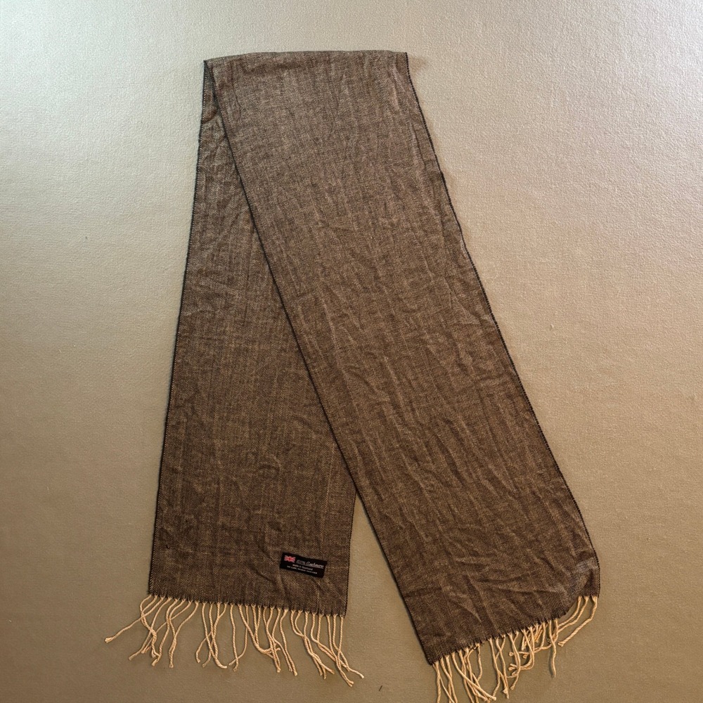 100% Cashmere Herringbone Scarf Made in Scotland Brown Tan Fringed Unisex 1"x6"